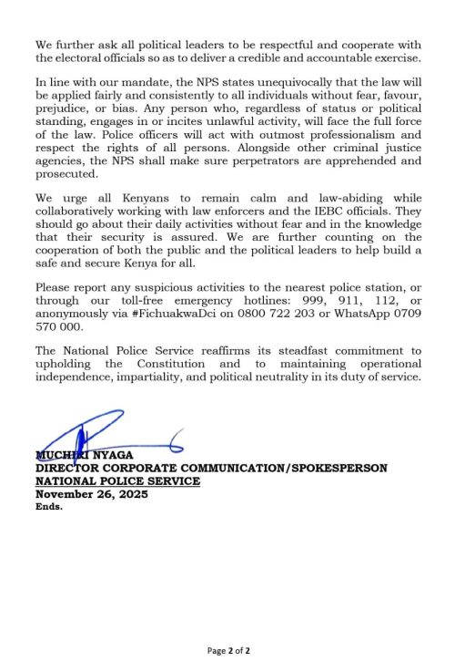 Statement of the National Police Service on the by-elections preparedness released on Wednesday, November 26, 2025. PHOTO/@NPSOfficial_KE/X