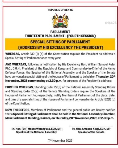 Parliament statement on President William Ruto's scheduled state of the nation address. PHOTO/Parliament of Kenya
