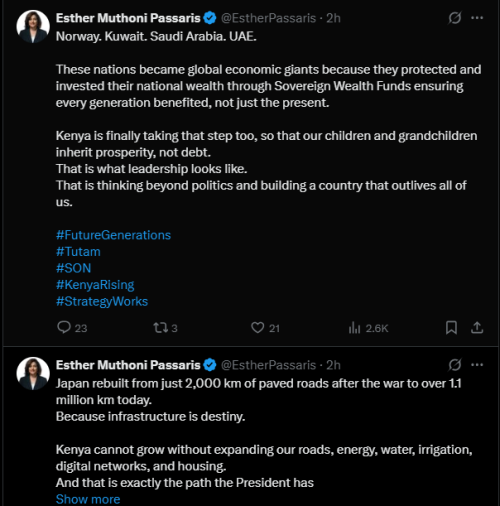 A post shared by Esther Passaris on X. PHOTO/Screengrab by PD Digital from @EstherPassaris/X