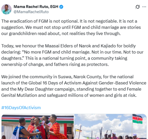 Statement of Rachel Ruto campaigning against GBV in Narok on Tuesday, November 25, 2025. PHOTO/@MmaRachelRuto/X