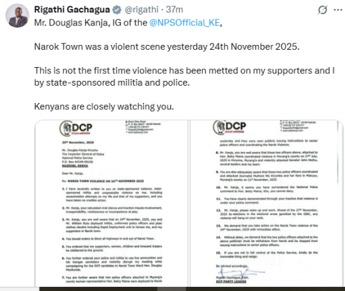 Statement of Rigathi Gachagua on the Narok violence. PHOTO/Screengrab by People Daily Digital/@rigathi/X