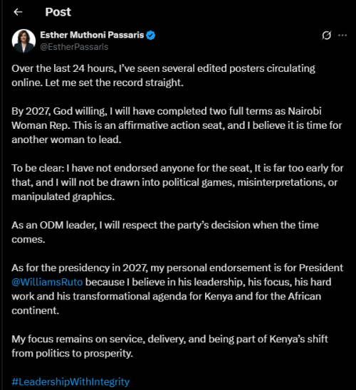 A post shared by Esther Passaris on X. PHOTO/Screengrab by PD Digital from @EstherPassaris