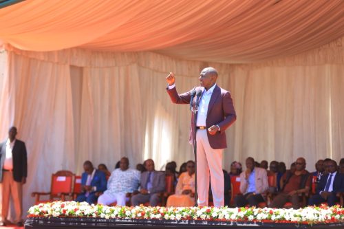 President William Ruto addresses the public in Kisii town after he graced the 11th anniversary of Gospel Embassy Chapel. PHOTO/ Robert Ochoro
