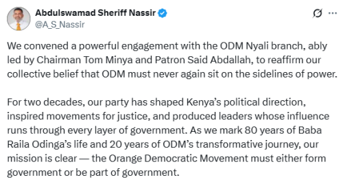 Statement of Abdulswamad Sheriff after convening an engagement with the ODM Nyali branch on Tuesday. PHOTO/@A_S_Nassir/X