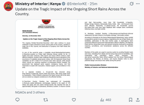 X post by the Ministry of Interior. PHOTO/Screengrab by People Daily Digital