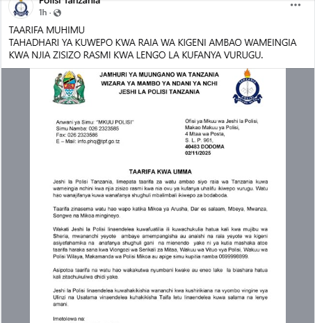 Facebook post by Tanzanian Police. PHOTO/Screengrab by People Daily Digital.