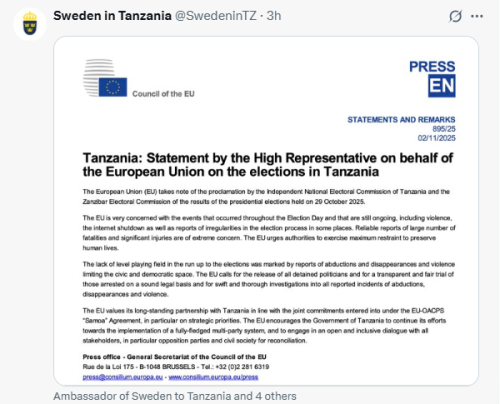 X post by the Embassy of Sweden in Dar es Salaam. PHOTO/Screengrab by People Daily Digital