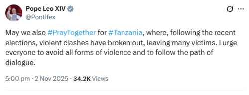 X post by Pope Leo. PHOTO/Screengrab by People Daily Digital