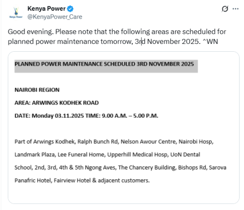 X post by Kenya Power. PHOTO/Screengrab by People Daily Digital