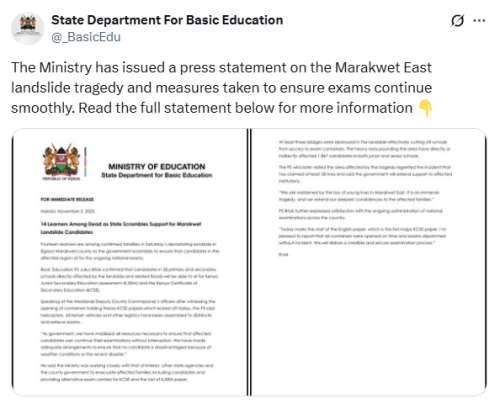 X post by the State Department For Basic Education. PHOTO/Screengrab by People Daily Digital