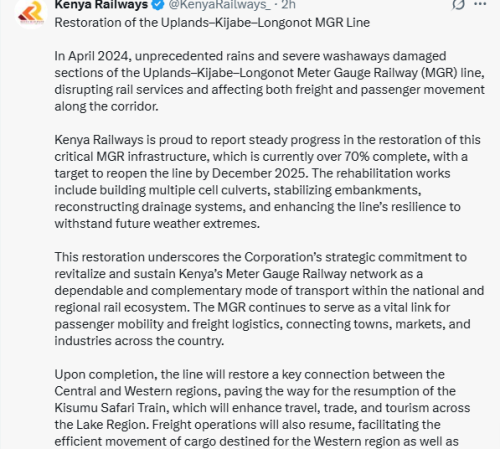 X post by Kenya Railways. PHOTO/Screengrab by People Daily Digital
