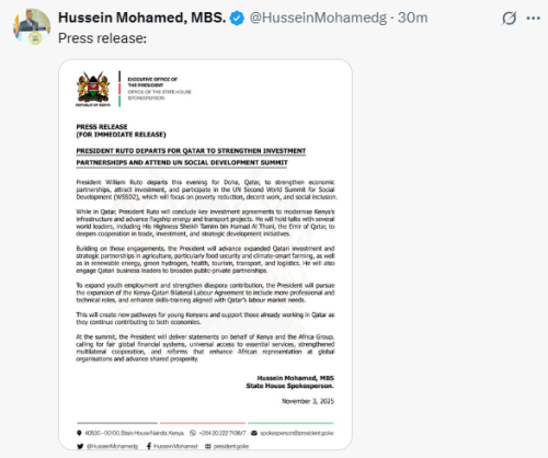 X post by Hussein Mohamed. PHOTO/Screengrab by People Daily Digital