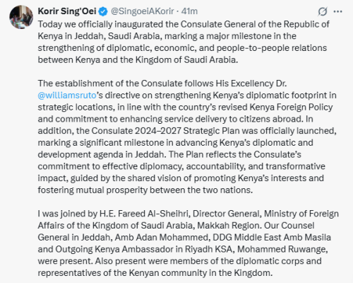 X post by Korir Sing'Oei. PHOTO/Screengrab by People Daily Digital