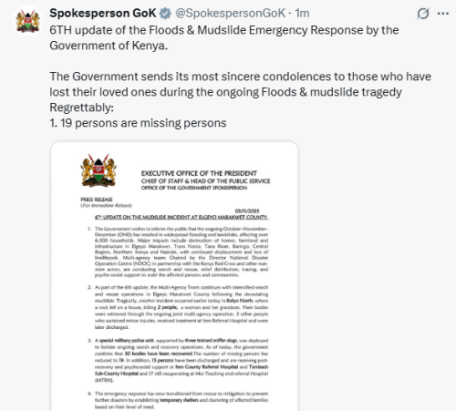 X post by Spokesperson GoK. PHOTO/Screengrab by People Daily Digital