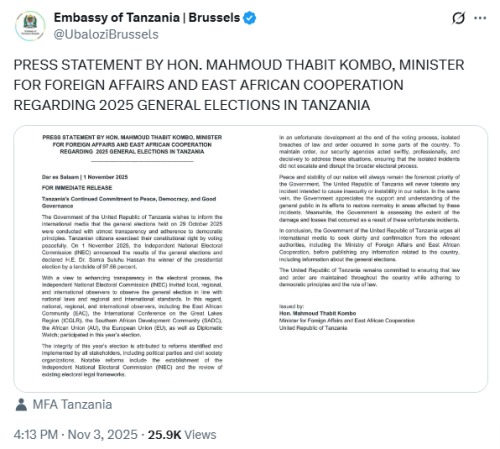 X post by the Embassy of Tanzania in Brussels. PHOTO/Screengrab by People Daily Digital