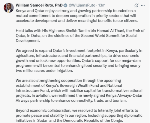 X post by William Ruto. PHOTO/Screengrab by People Daily Digital