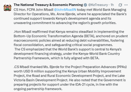 Part of the X post by Treasury. PHOTO/Screengrab by People Daily Digital