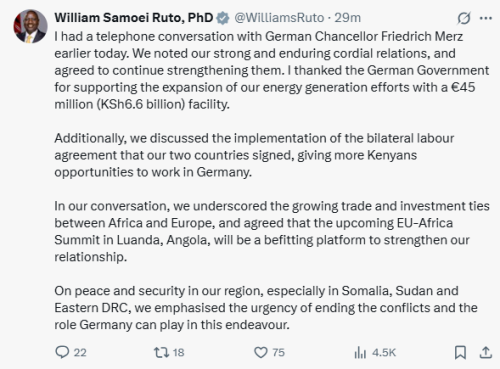 X post by William Ruto. PHOTO/SCreengrab by People Daily Digital