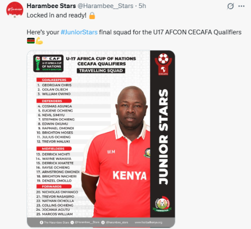 X post by Harambee Stars. PHOTO/Screengrab by People Daily Digital