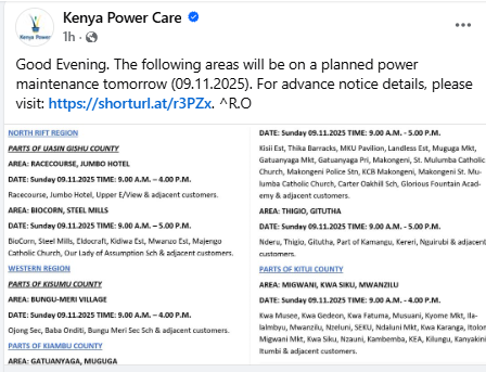 Facebook post by Kenya Power. PHOTO/Screengrab by People Daily Digital