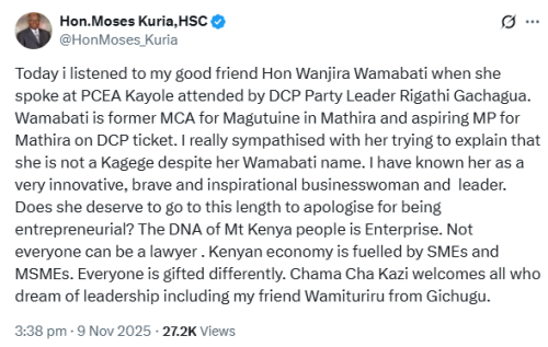 X post by Moses Kuria. PHOTO/Screengrab by People Daily Digital