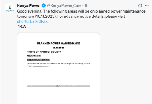 X post by Kenya Power. PHOTO/Screengrab by People Daily Digital