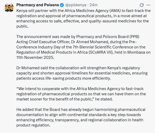 X post by the Pharmacy and Poisons Board. PHOTO/Screengrab by People Daily Digital