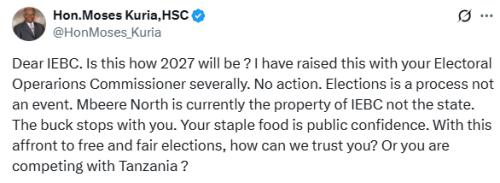 X post by Moses Kuria. PHOTO/Screengrab by People Daily Digital
