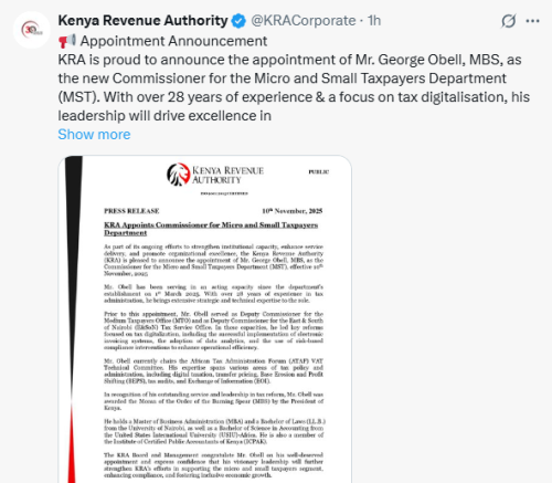 X post by KRA. PHOTO/Screengrab by People Daily Digital
