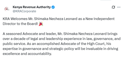 X post by KRA Corporate. PHOTO/Screengrab by People Daily Digital