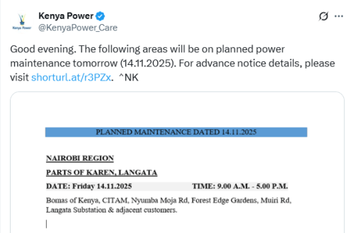 X post by Kenya Power. PHOTO/Screengrab by People Daily Digital