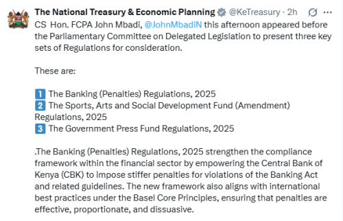 X post by the National Treasury. PHOTO/Screengrab by People Daily Digital