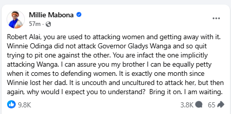 Facebook post by Millie Odhiambo. PHOTO/Screengrab by People Daily Digital