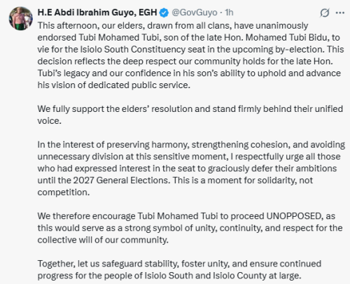 X post by Abdi Ibrahim Guyo. PHOTO/Screengrab by People Daily Digital