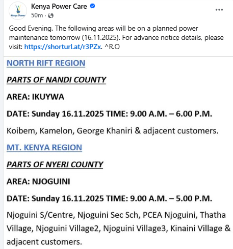 Facebook post by Kenya Power. PHOTO/Screengrab by People Daily Digital