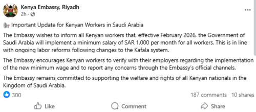 Facebook post by Kenya Embassy, Riyadh. PHOTO/Screengrab by People Daily Digital