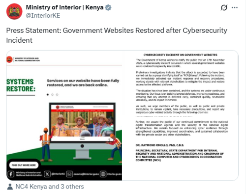 X post by the Ministry of Interior. PHOTO/Screengrab by People Daily Digital