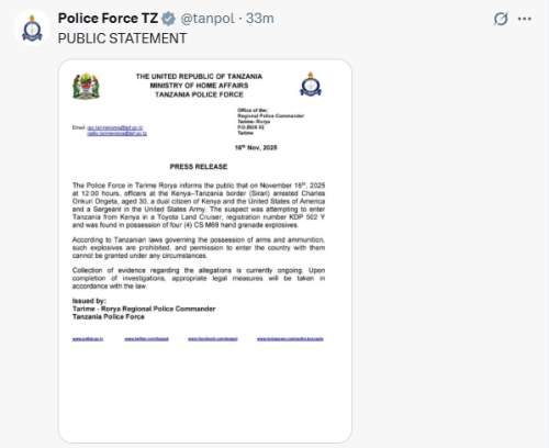 Statement by Tanzania Police. PHOTO/Screengrab by People Daily Digital