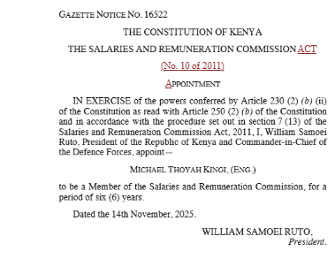 Part of the Gazette notice with the appointment part. PHOTO/Screengrab by People Daily Digital