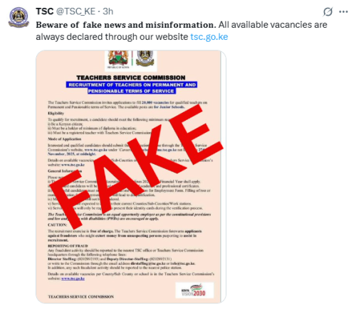 X post by TSC. PHOTO/Screengrab by People Daily Digital