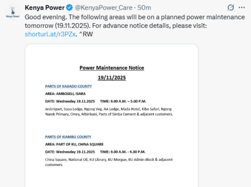 X post by Kenya Power. PHOTO/Screengrab by People Daily Digital
