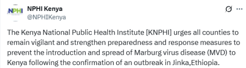 X post by Kenya National Public Health Institute. PHOTO/Screengrab by People Daily Digital