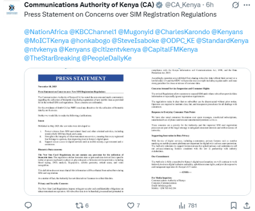 X post by the Communications Authority. PHOTO/Screengrab by People Daily Digital