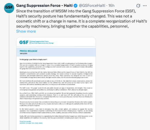 X post by  Gang Suppression Force - Haiti. PHOTO/Screengrab by People Daily Digital