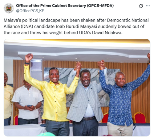 X post by the office of the Prime Cabinet Secretary. PHOTO/Screengrab by People Daily Digital