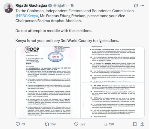 X post by Rigathi Gachagua. PHOTO/Screengrab by People Daily Digital