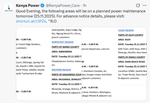 X post by Kenya Power. PHOTO/Screengrab by People Daily Digital