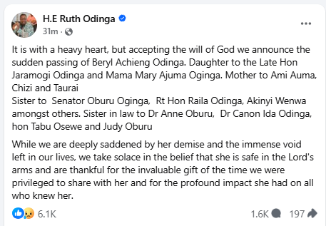 Facebook post by Ruth Odinga. PHOTO/Screengrab by People Daily Digital