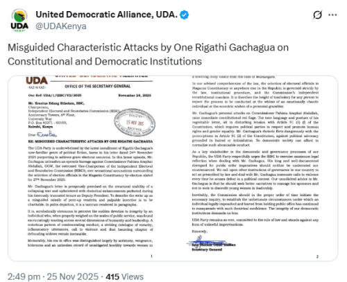 X post by UDA. PHOTO/Screengrab by People Daily Digital