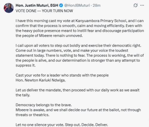 X post by Justin Muturi. PHOTO/Screengrab by People Daily Digital